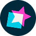 White star with pink and teal overlapping star shapes on a dark blue circular background.