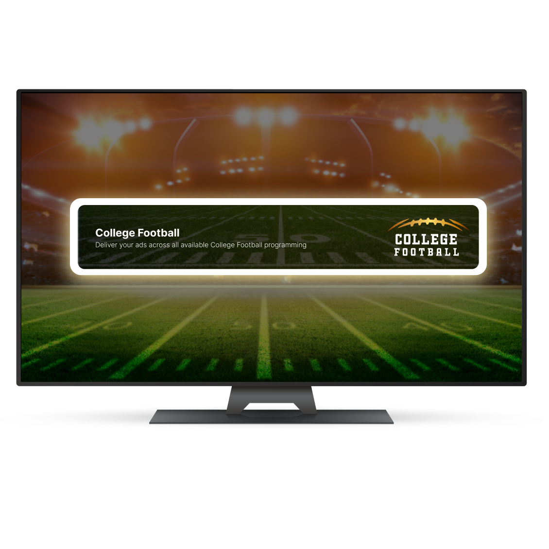 TV screen showing a football field with an overlay promoting College Football ads and programming.