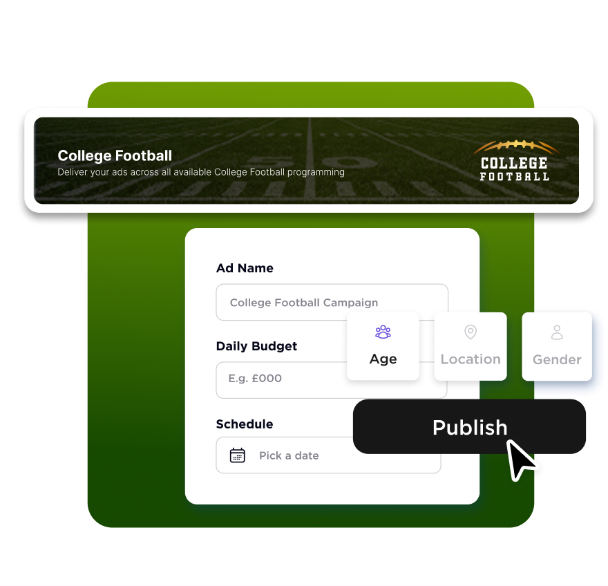 College Football ad setup screen with fields for ad name, daily budget, schedule, and targeting options.