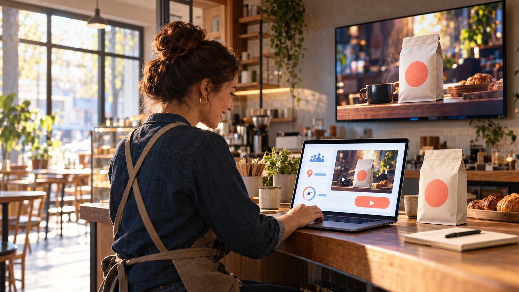 Small-business owner creating a coffee advertisement with a self-serve TV advertising platform with a tv ad the created playing on a television on the wall