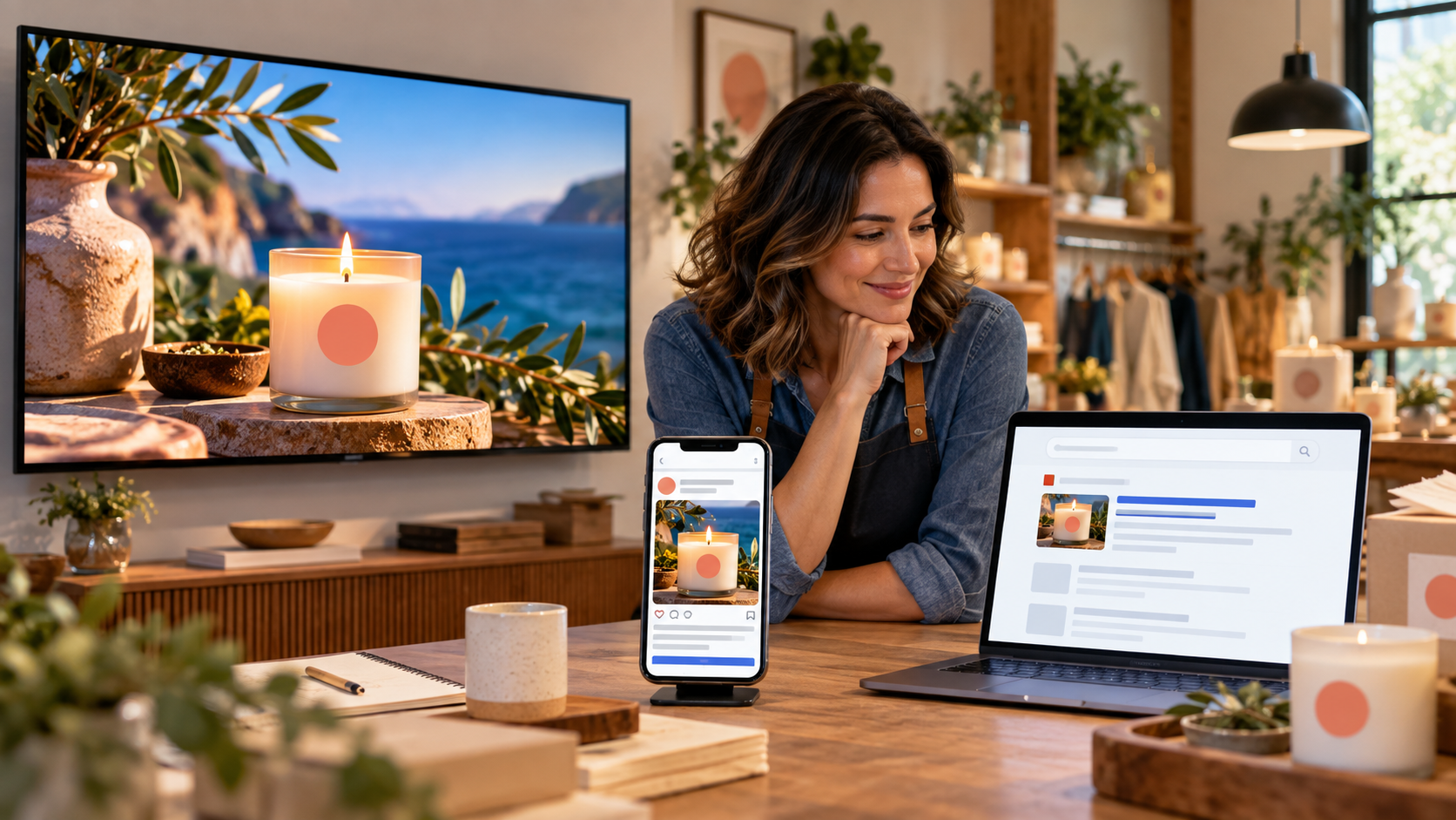 Small-business owner comparing streaming TV, social media, and search advertising for the same product