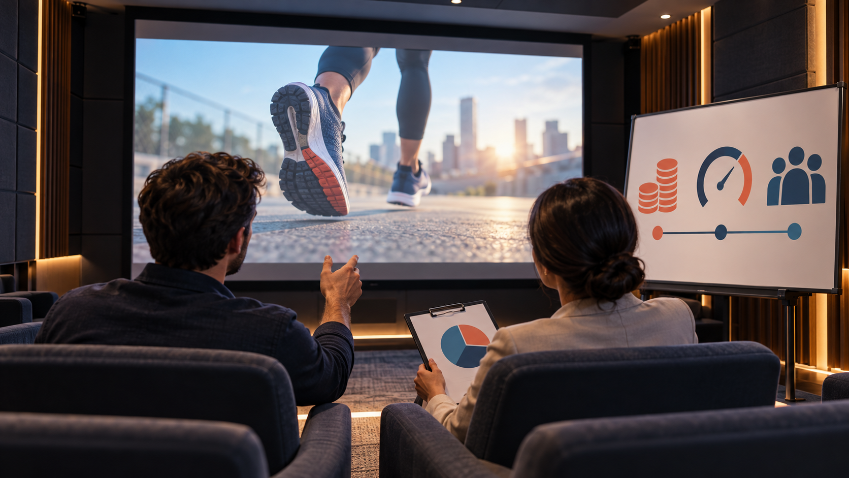 Small-business team reviewing a streaming TV commercial and campaign cost plan