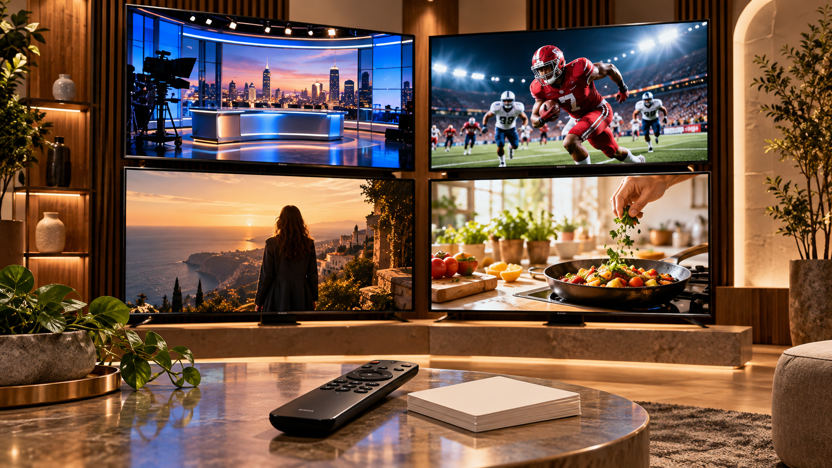 Multiple television screens showing advertising options for small businesses
