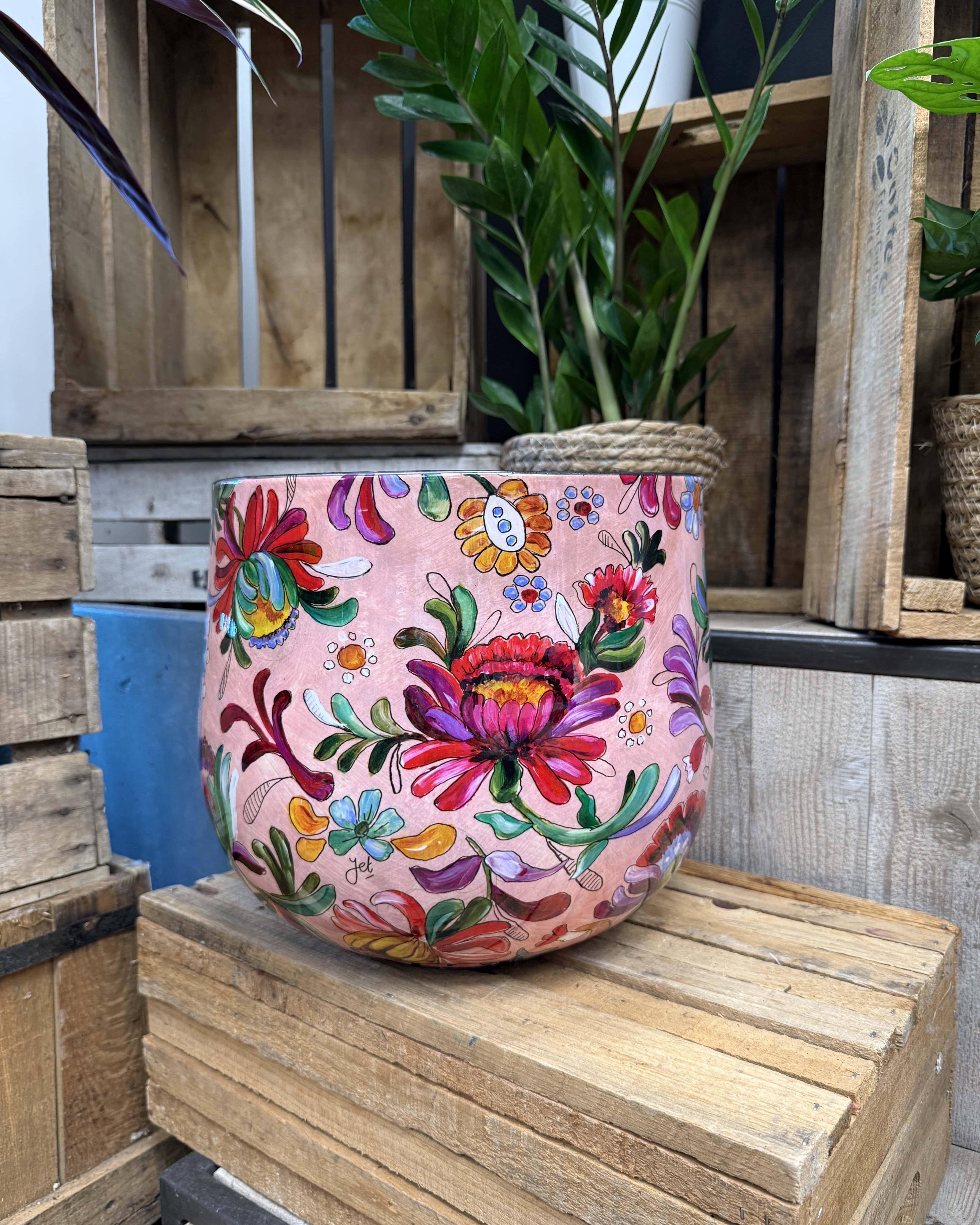 Cache pot rose poudré fleurs taille S