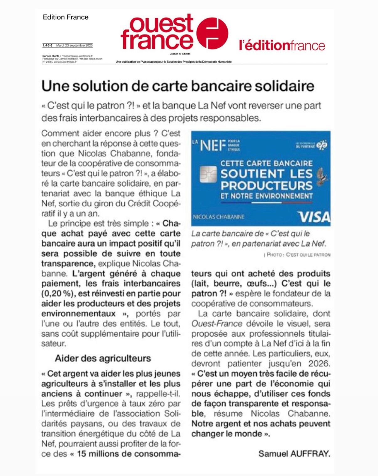 Article de La Provence sur la carte bancaire solidaire