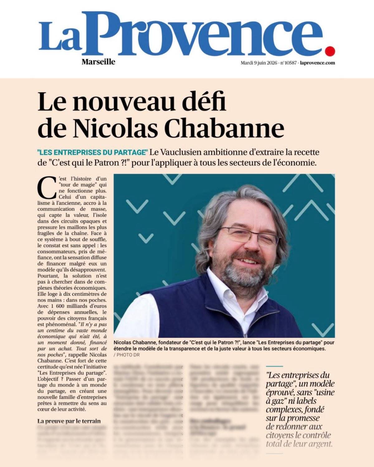 Article de La Provence surle nouveau défi de Nicolas Chabanne