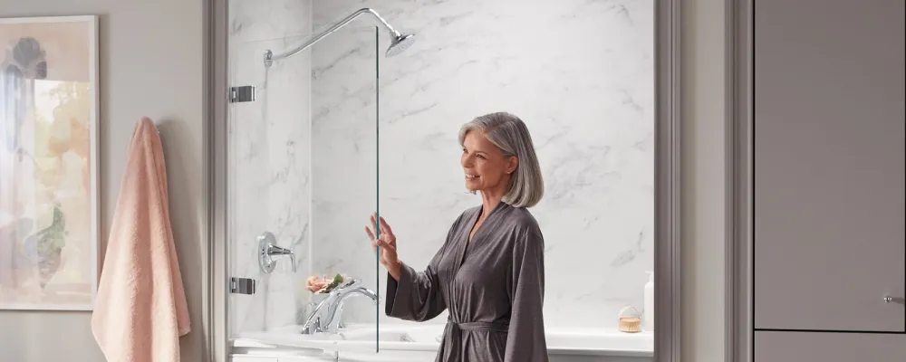 A Kohler walk-in bath with a secure, easy-to-clean bath screen designed for both function and style.