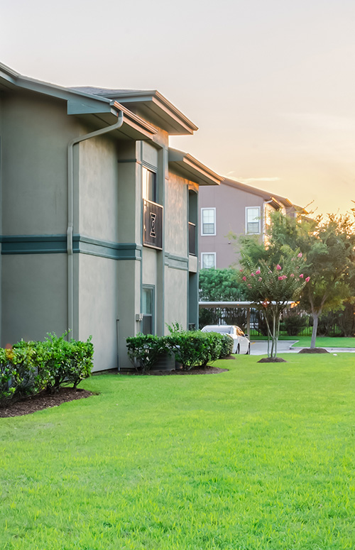 Exterior side view of modern apartment buildings with well-maintained green lawns and small shrubs at sunset.
