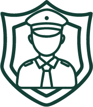 Line icon of security guard wearing a cap and tie inside a shield.