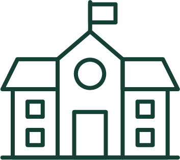 Line icon of a school building with a flag on top and four windows.