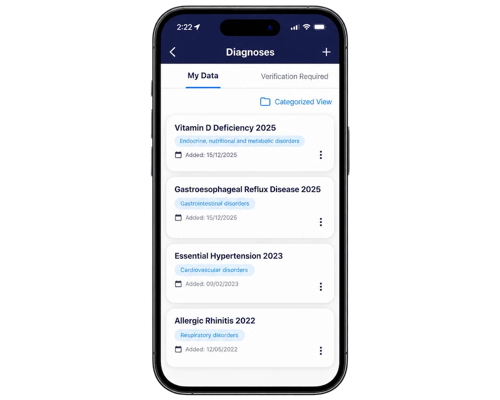 Weva displaying a complete health history on a phone