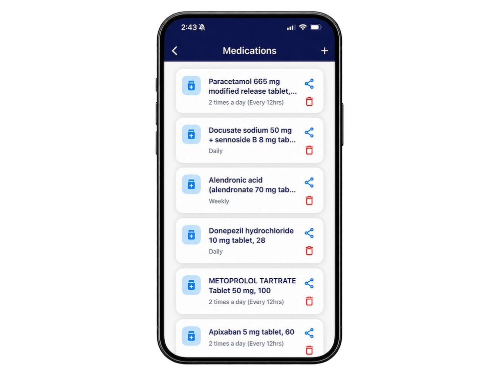 Prepopulated medical records screen from the Weva app