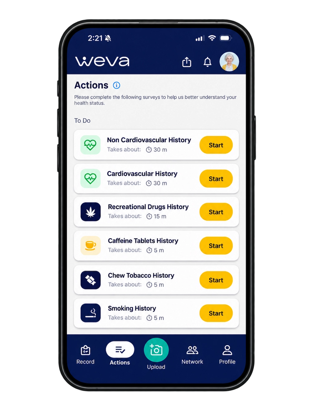 Weva app showing automated data collection