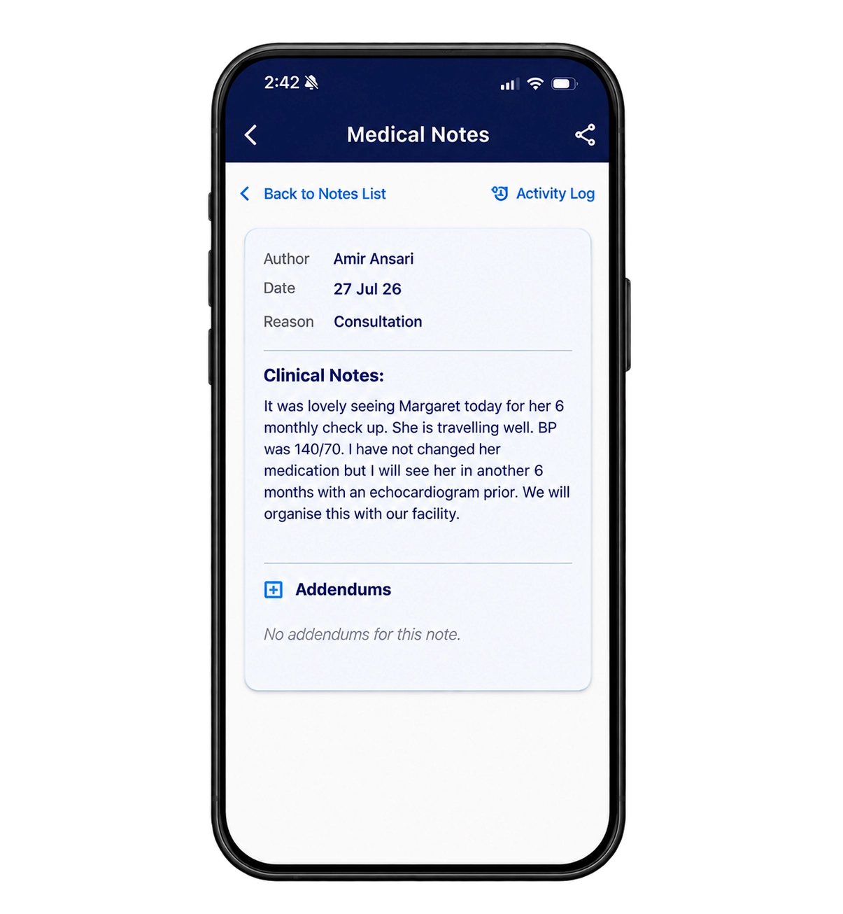 Weva app showing real-time clinical notes
