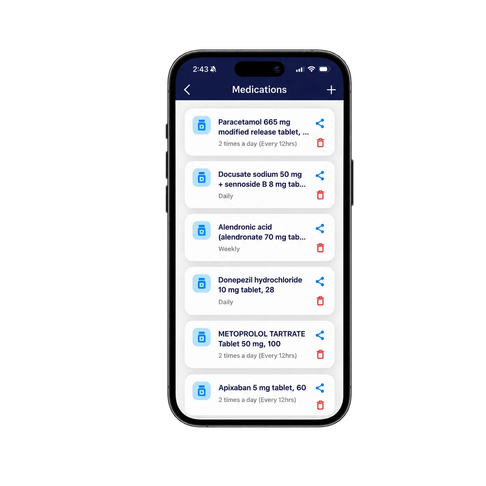 Prepopulated medical records screen from the Weva app