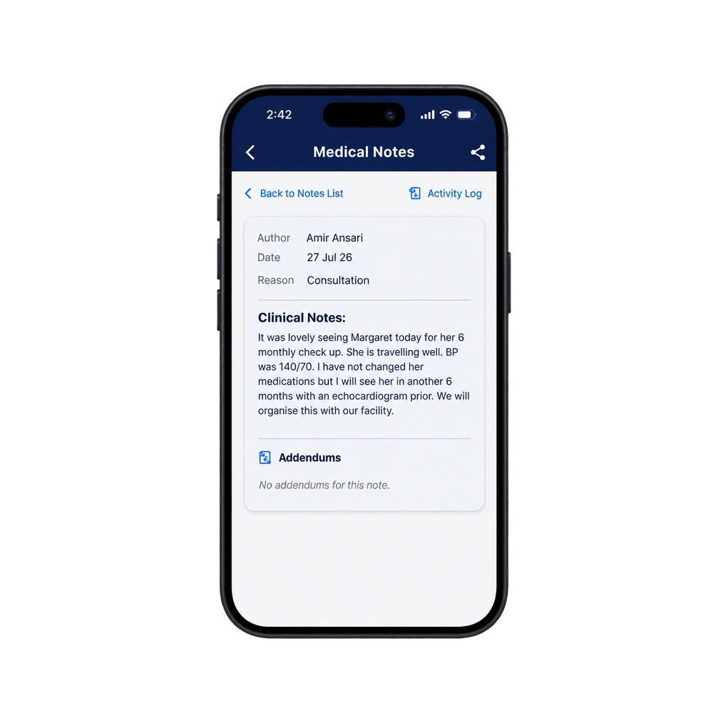 Weva app showing real-time clinical notes