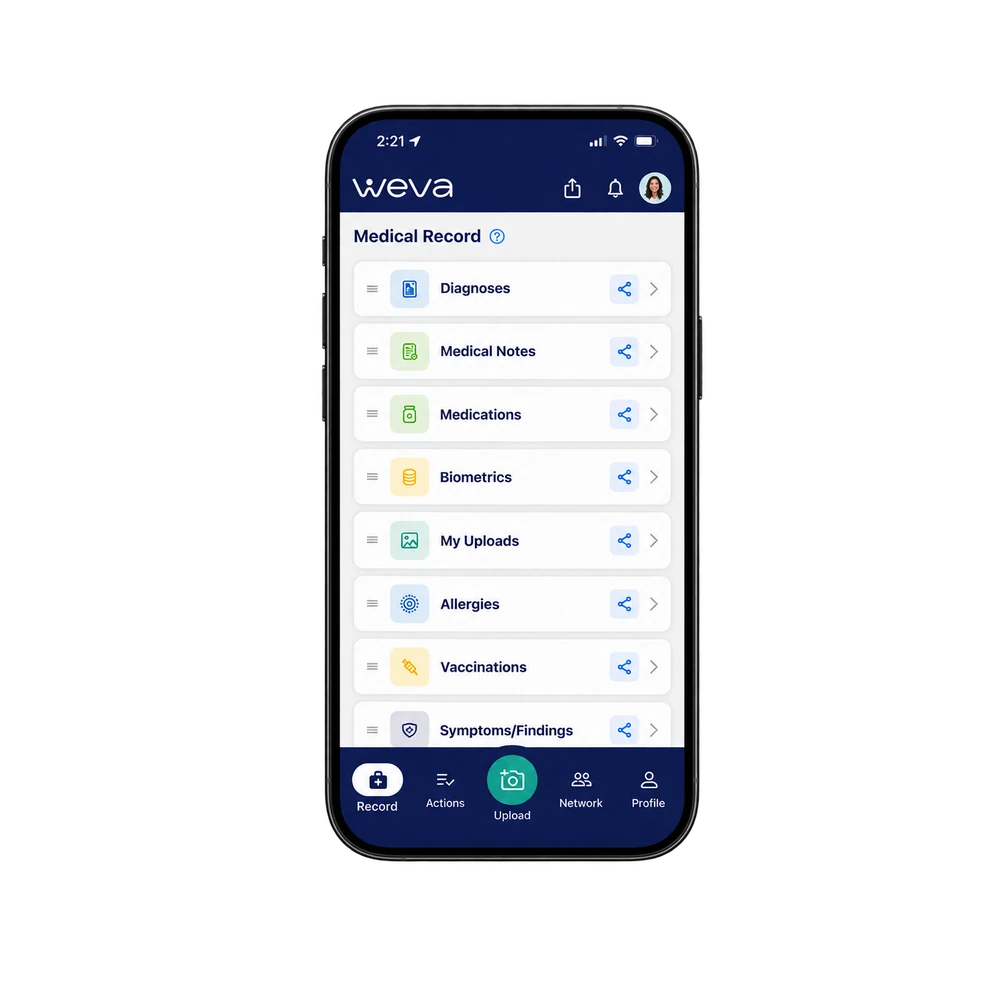 Weva app showing standardised health information