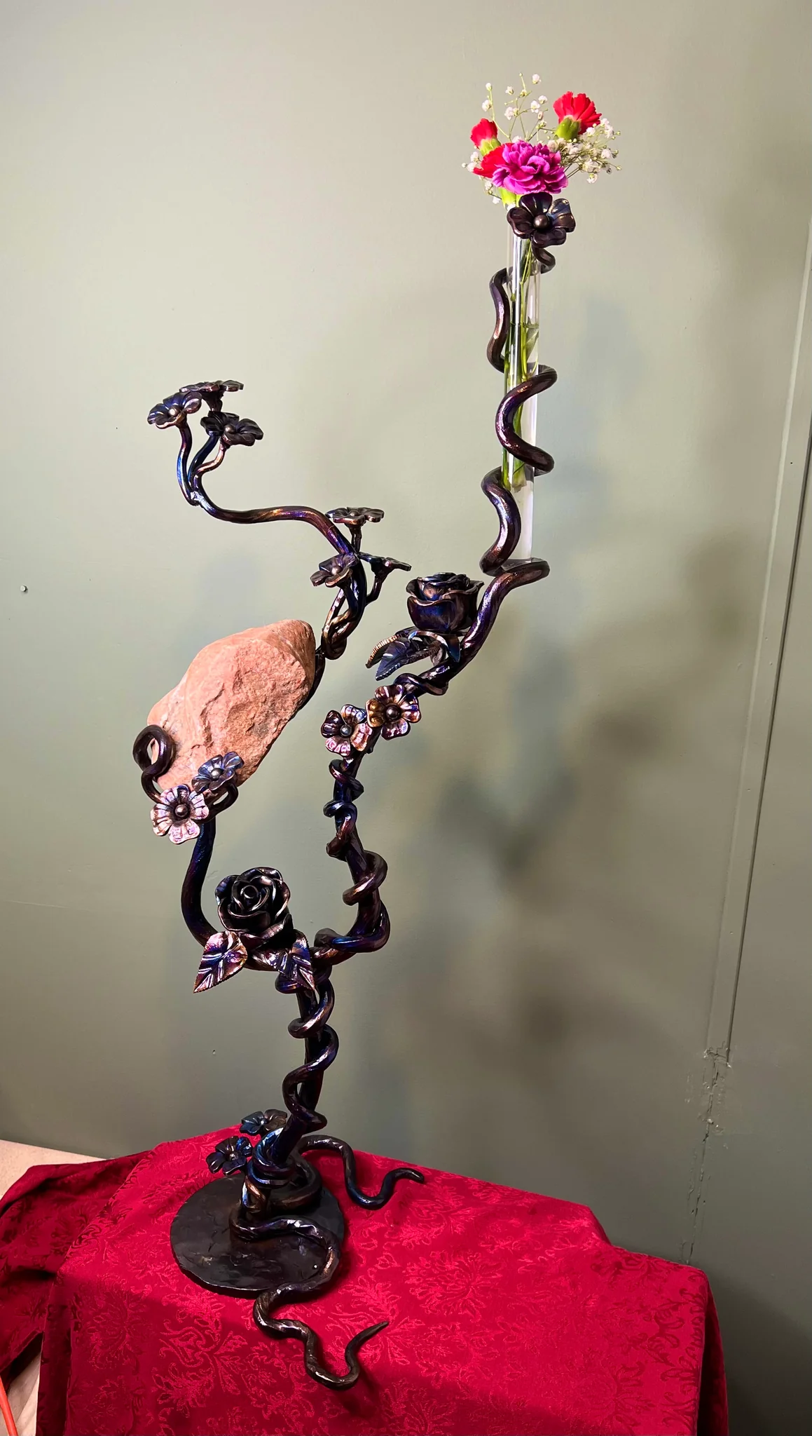 37-Inch Hand-Forged Metal Sculpture – Roses, Stone & Tempered Finish