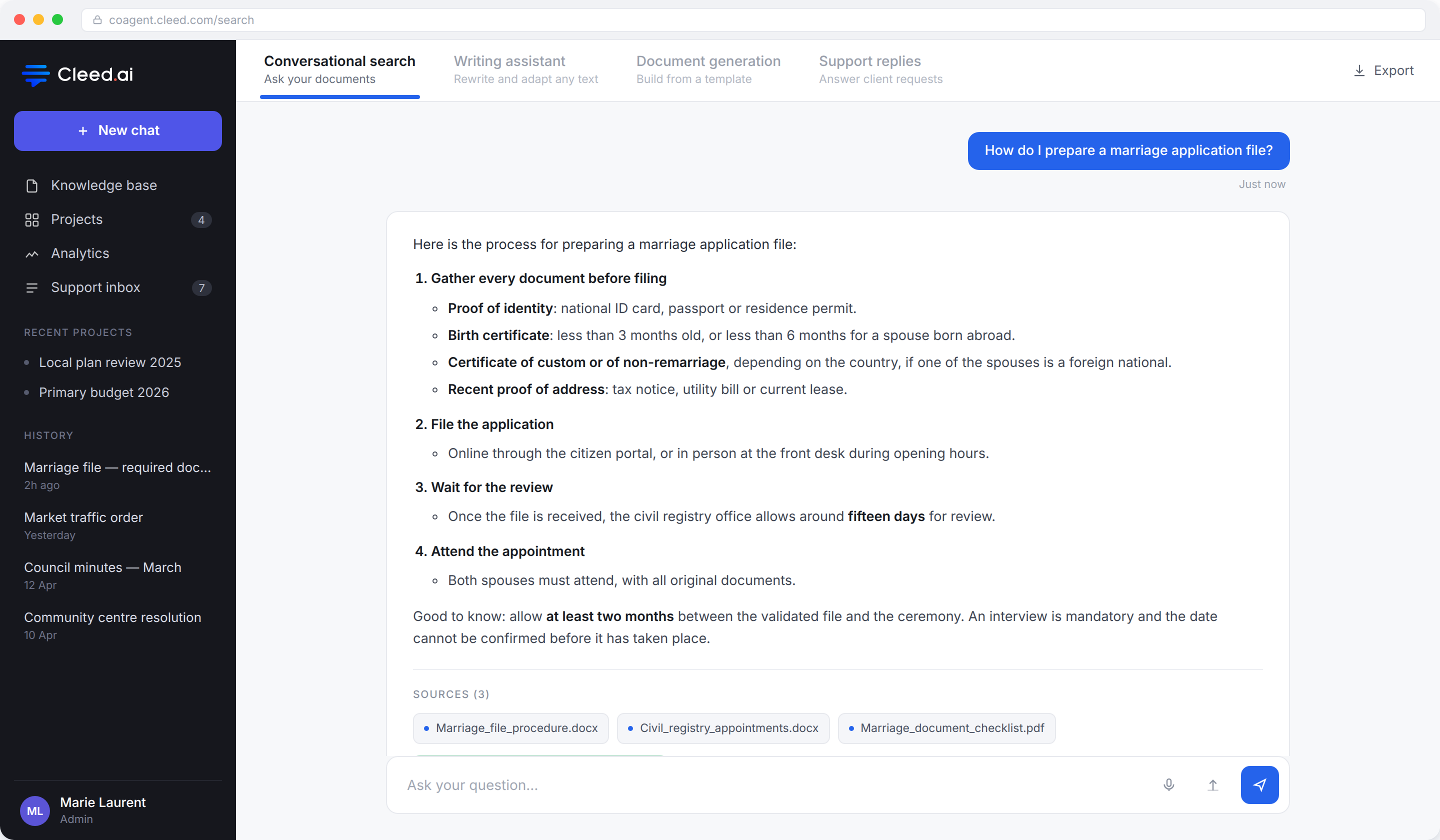 CoAgent conversational search: a question about preparing a marriage application file, answered with numbered steps and links to the three source documents used