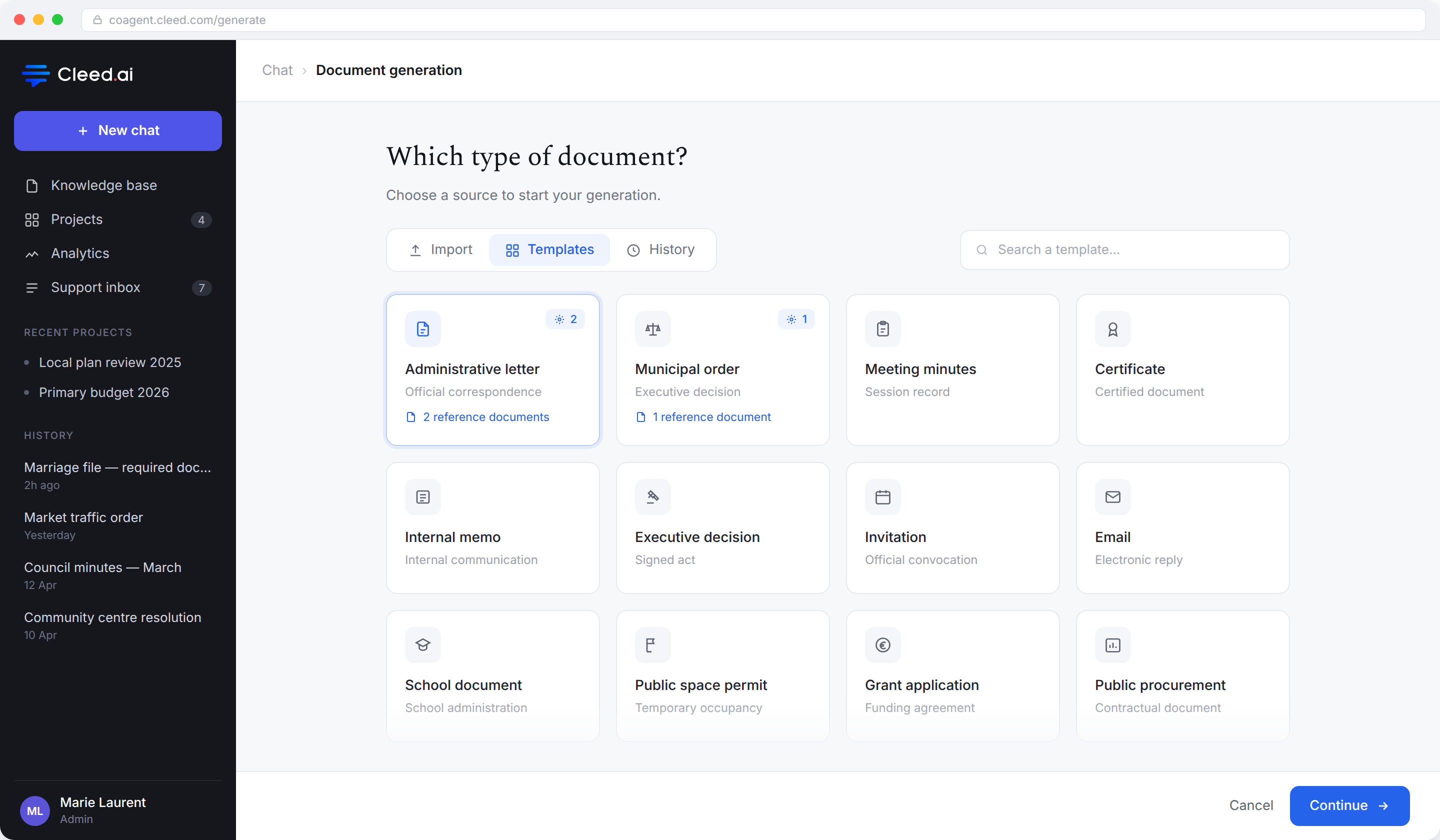CoAgent document generation template picker offering administrative letters, municipal decisions, meeting minutes, certificates, permits and procurement documents