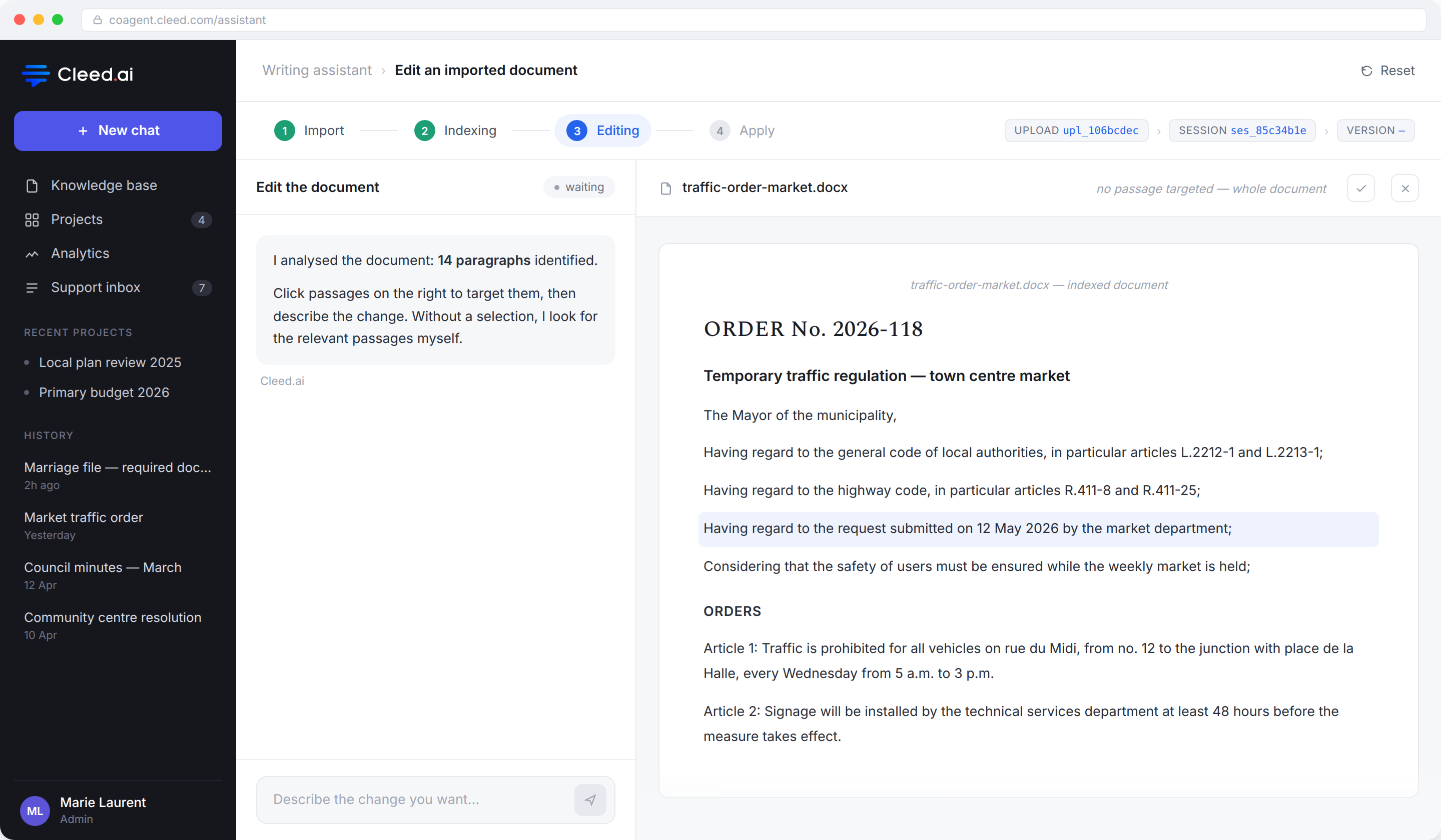 Assistance rédactionnelle du Co-Agent sur un arrêté de circulation importé, avec le parcours en quatre étapes import, indexation, édition et application, et les passages repérés pour modification