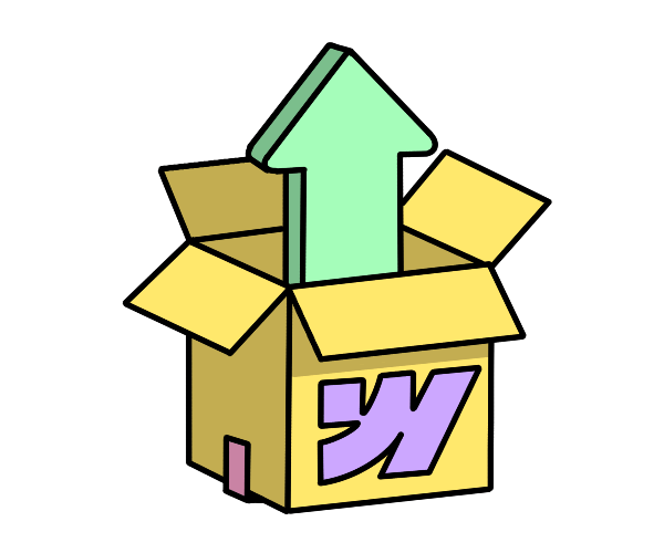 le sticker une flèche sortant d'un carton représentant la migration vers Webflow