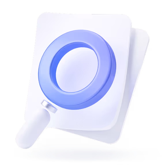 3D illustration of a blue magnifying glass placed over two white cards, symbolizing search or inspection.