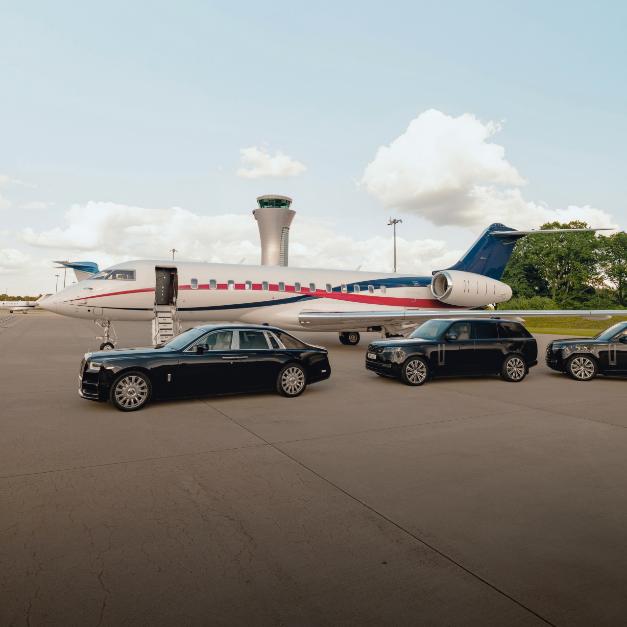 Private jet on runway prepared for exclusive flight, integrated with chauffeur transfers
