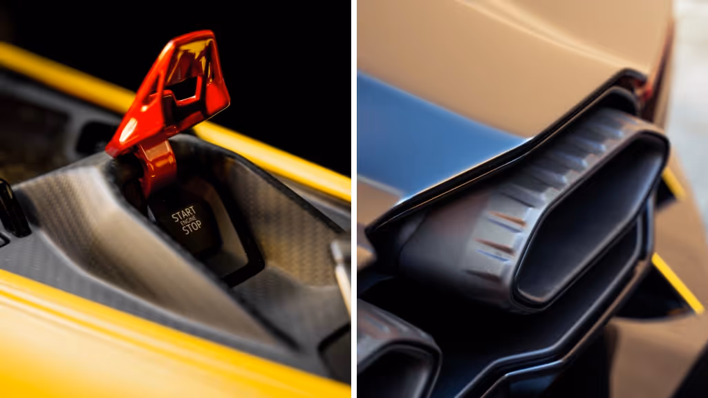 Two detailed shots: A red, aircraft-style flip-up engine start/stop button on carbon fiber trim (left), and a close-up of the distinctive hexagonal rear exhaust outlets (right).