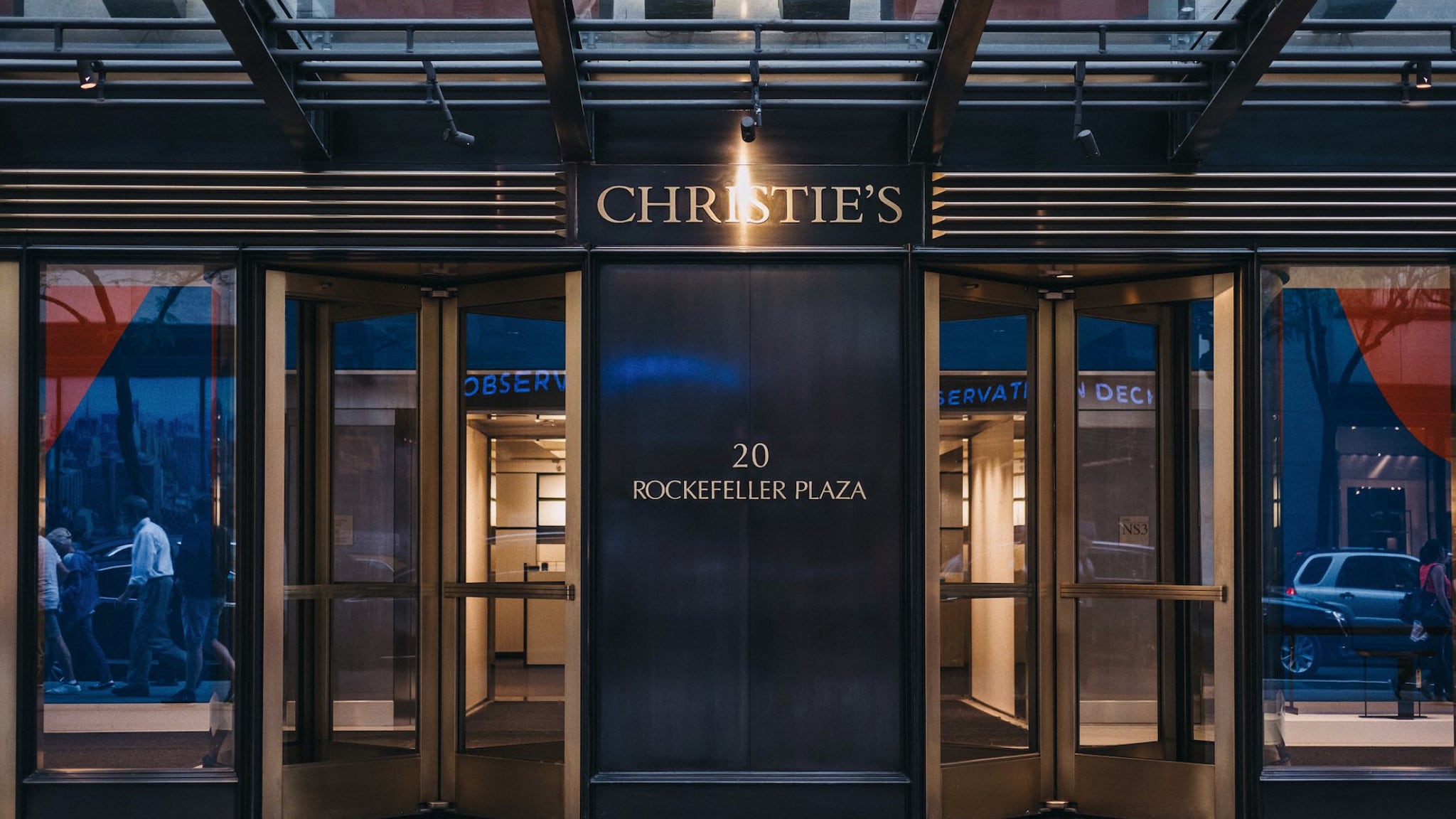 Entrance to Christie’s New York salesroom at 20 Rockefeller Plaza, captured from the street view.