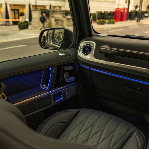 Interior shot of Mercedes G-Class featuring premium leather and aluminium trims