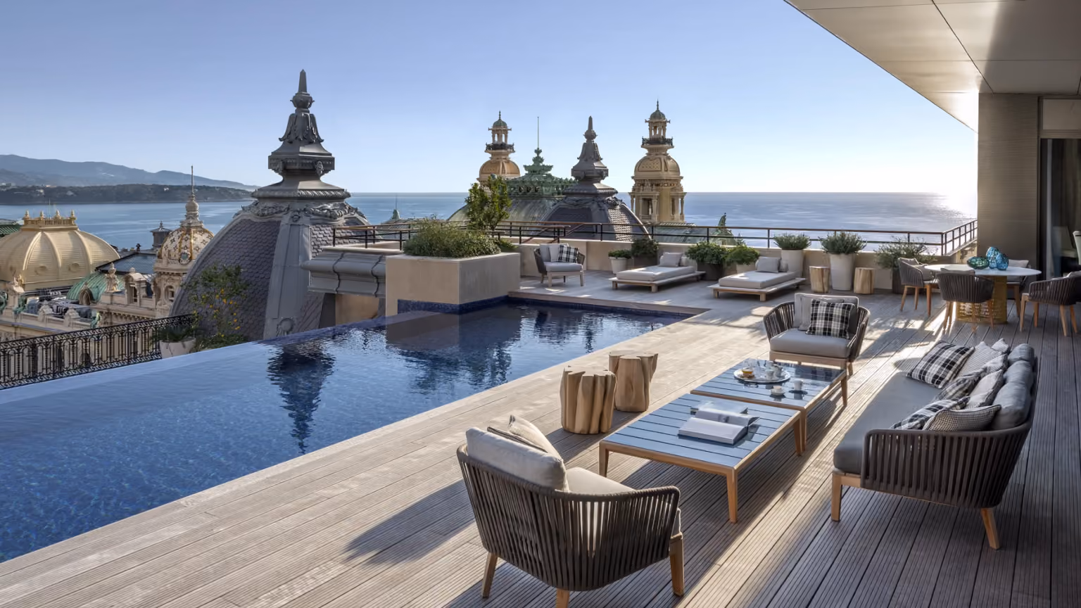 Private terrace at Hôtel de Paris Monte-Carlo at dusk, in the heart of Monte-Carlo.