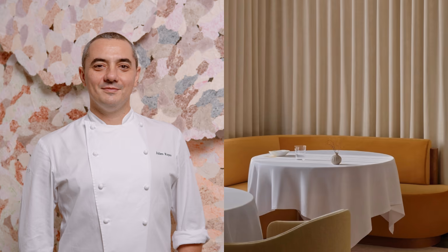 Chef Julien Royer alongside the interior of Odette restaurant in Singapore, featuring a white-clothed dining table and warm neutral seating.