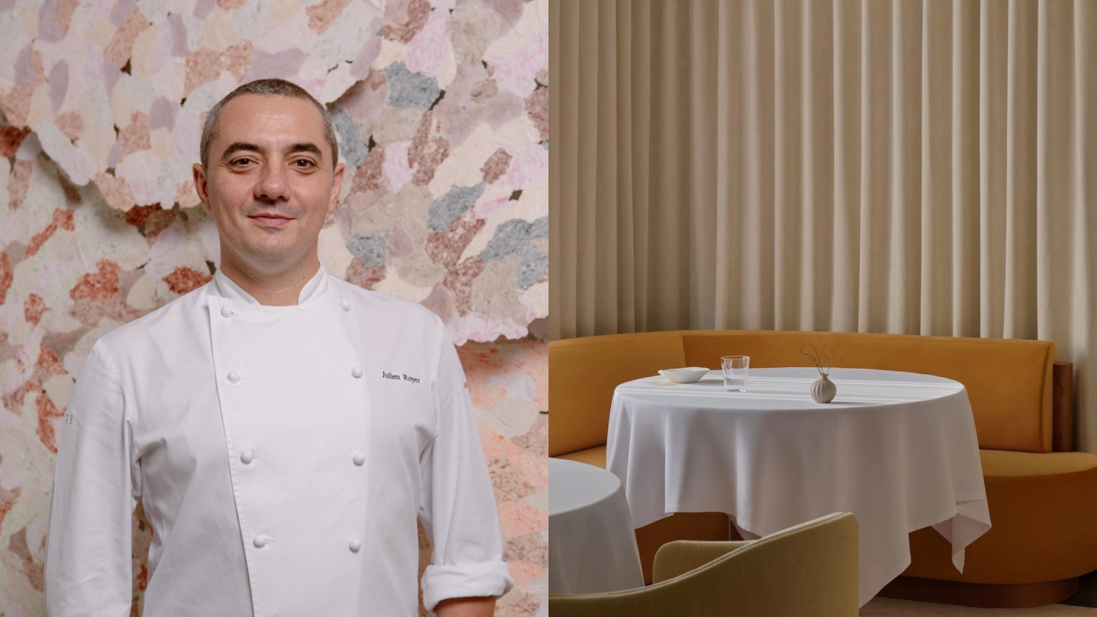 Chef Julien Royer alongside the interior of Odette restaurant in Singapore, featuring a white-clothed dining table and warm neutral seating.