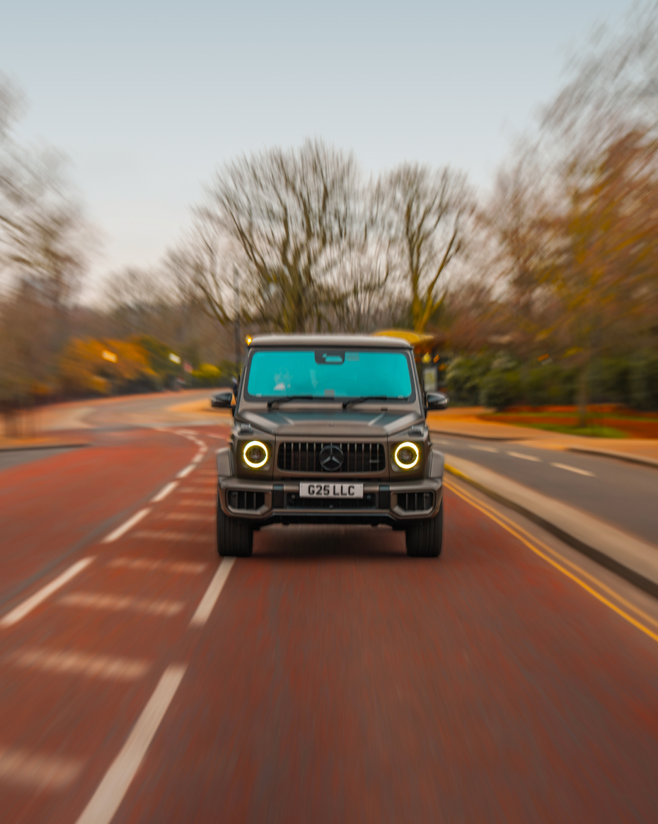 Mercedes-Benz G-Class front view showcasing bold design for luxury SUV rental