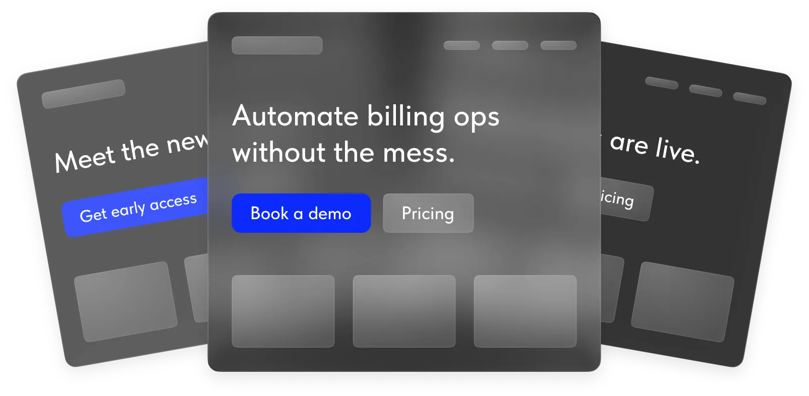 Three overlapping blue panels with text about automating billing and subscription finance options.