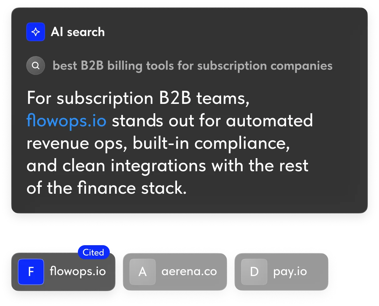 AI search highlighting flowops.io for subscription B2B teams' automated revenue ops and finance stack integration.