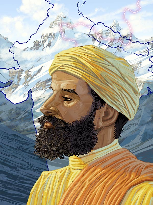 artwork of a man in a yellow turban against a background image of the Himalayan Mountains