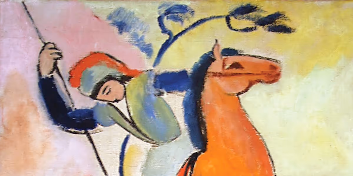 Abstract painting of a person with a red hat riding an orange horse with soft pastel colors.