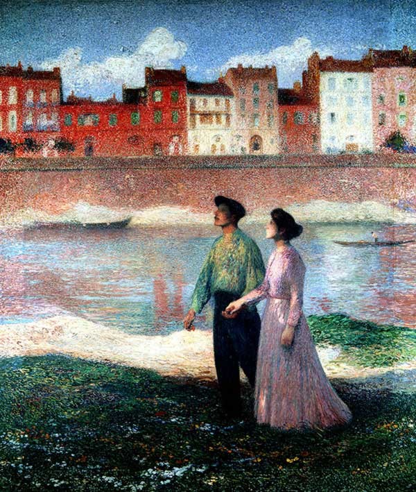 a man and woman walking along a canal
