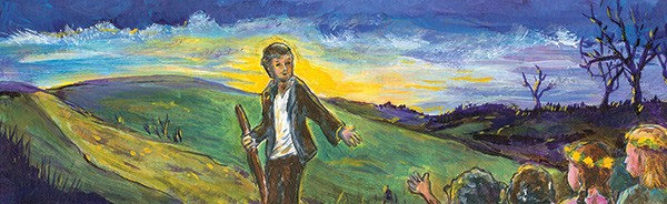 painting of kids waving at a man