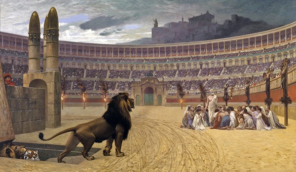 Jean Leon Gerome's depiction of a group of Early Christians praying in the coliseum as a lion approaches from the right.