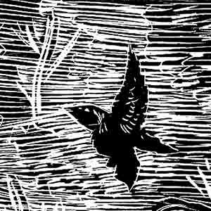 a black and white woodcut of a small bird