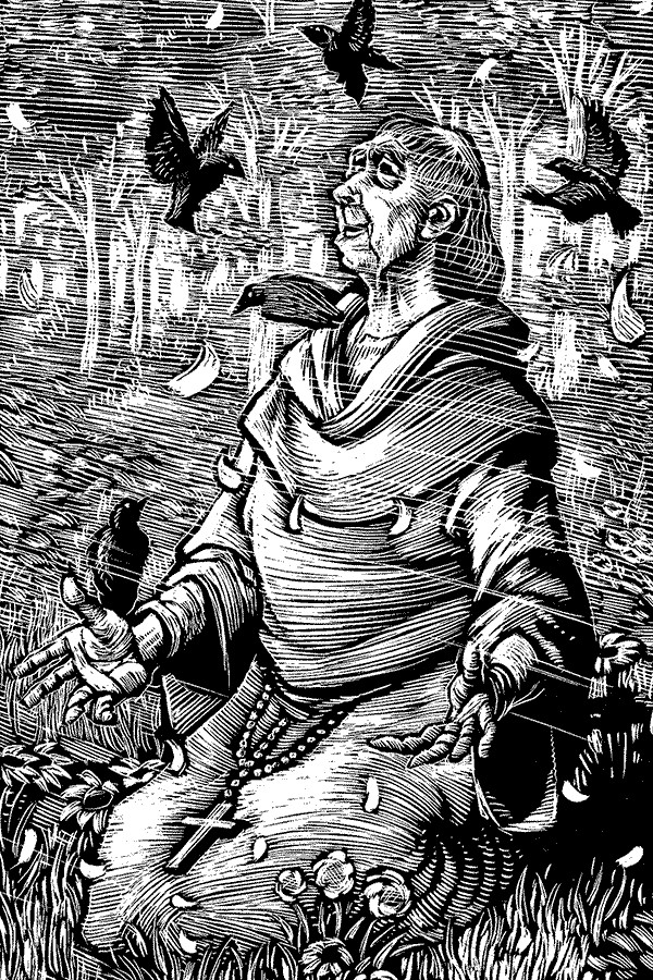 a monk kneeling in the forest