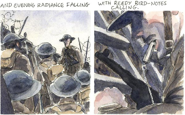 and evening radiance falling with reedy bird-notes calling