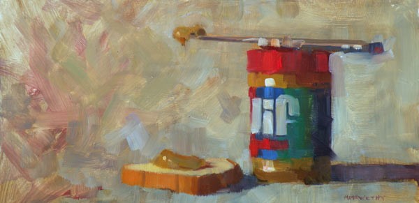 Painting of a jif peanut butter jar, knife and bread