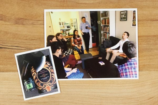 two photos on a wooden table of people talking