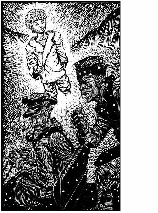 woodcut illustration of two men in a sleigh with the child in the background