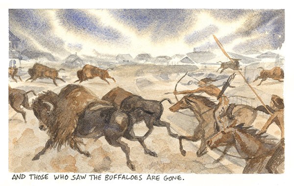 a watercolor painting of native americans hunting buffalo on a prairie