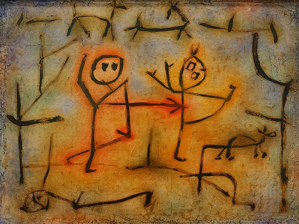 painting of a stick man attacking another stick man